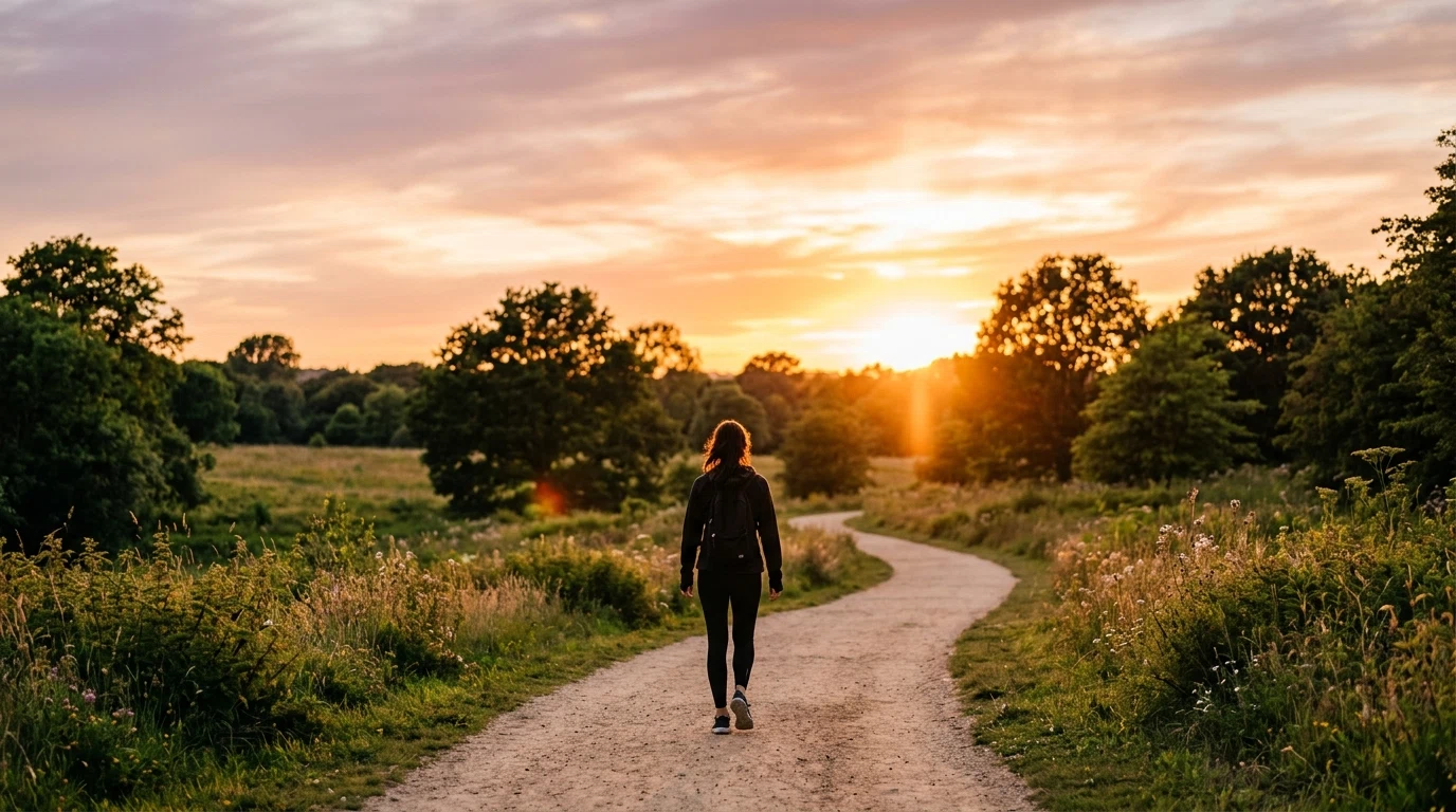 Persoon geniet van een actieve wandeling in de natuur bij zonsondergang