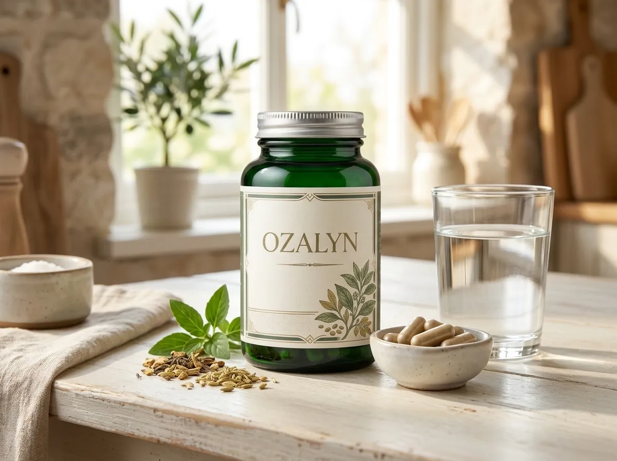 Ozalyn capsules op linnendoek naast een glas water en verse munt - plantaardig voedingssupplement
